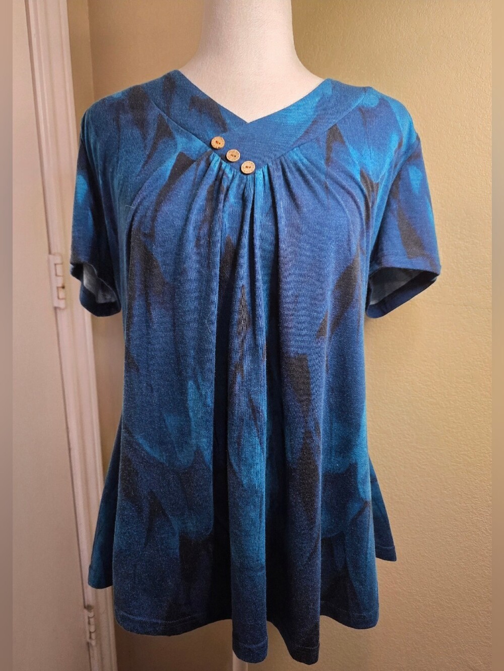 Ninedaily Tunic Top Womens Medium  Turquoise/Blue ¾ Sleeve Stretch Blouse